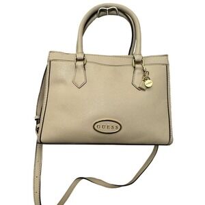 Guess Satchel Handbag Beige Faux Leather Lock Charm Top Handle Crossbody Bag